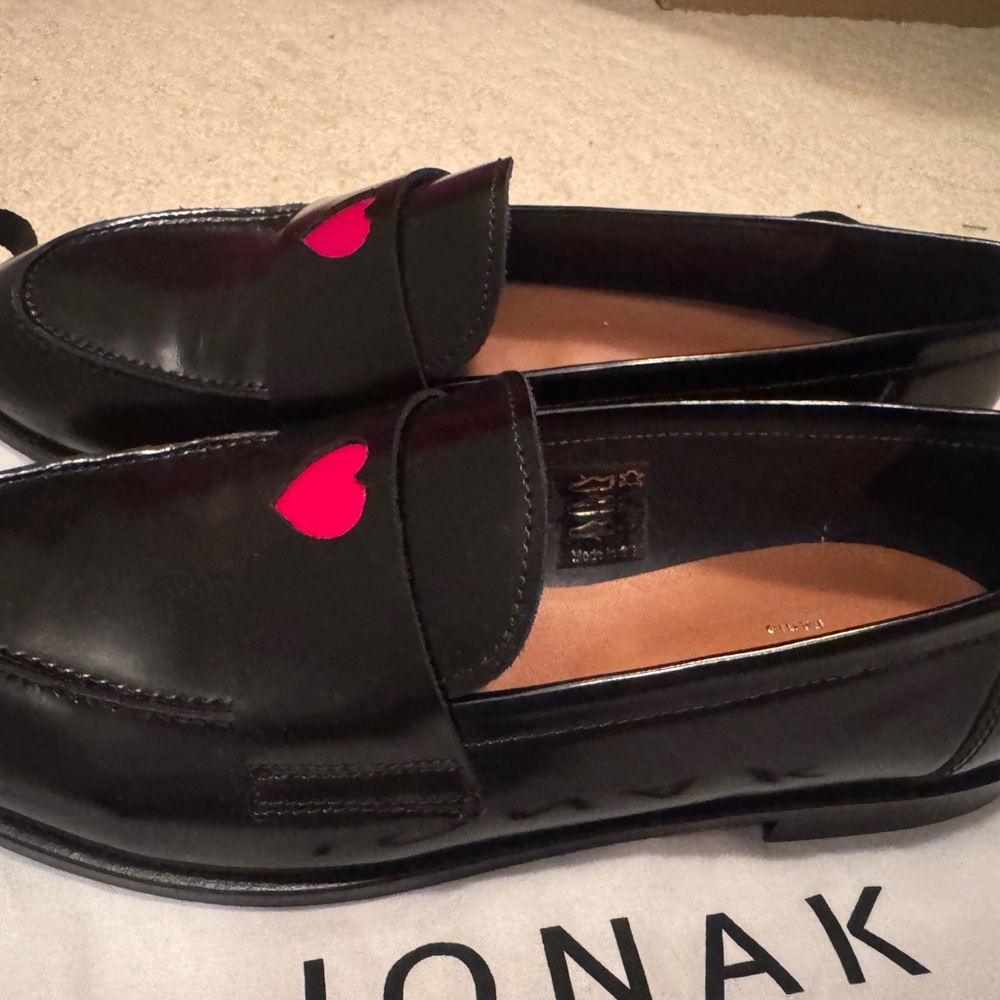 Jonak Black Loafers with Pink Heart Detail